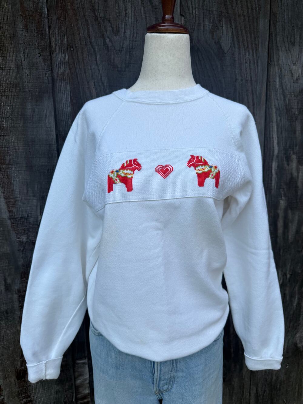 Vintage Cross Stitch Dala Horse Swedish Folk Crewneck, Medium